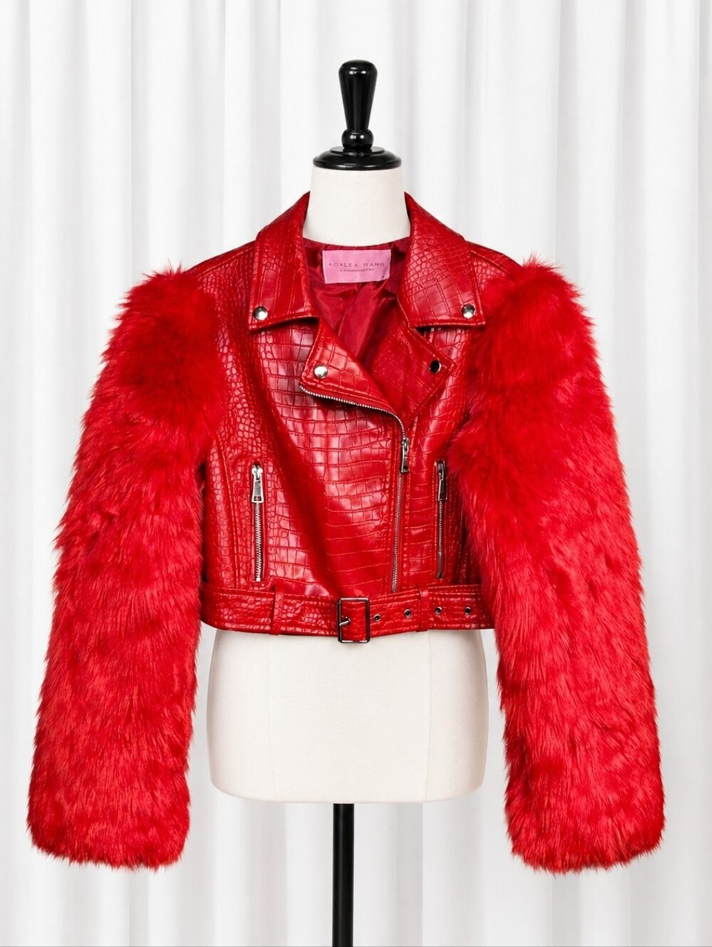 Azalea Wang Nolla True Red Faux Fur Faux Leather Croc Embossed Edgy Moto Jacket